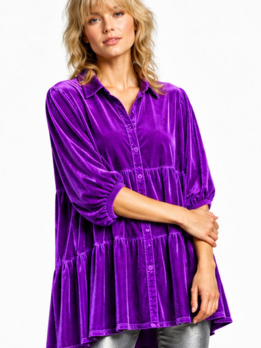 NWT UMGEE Oversized violet velvet button front tiered back hi-low hem tunic top